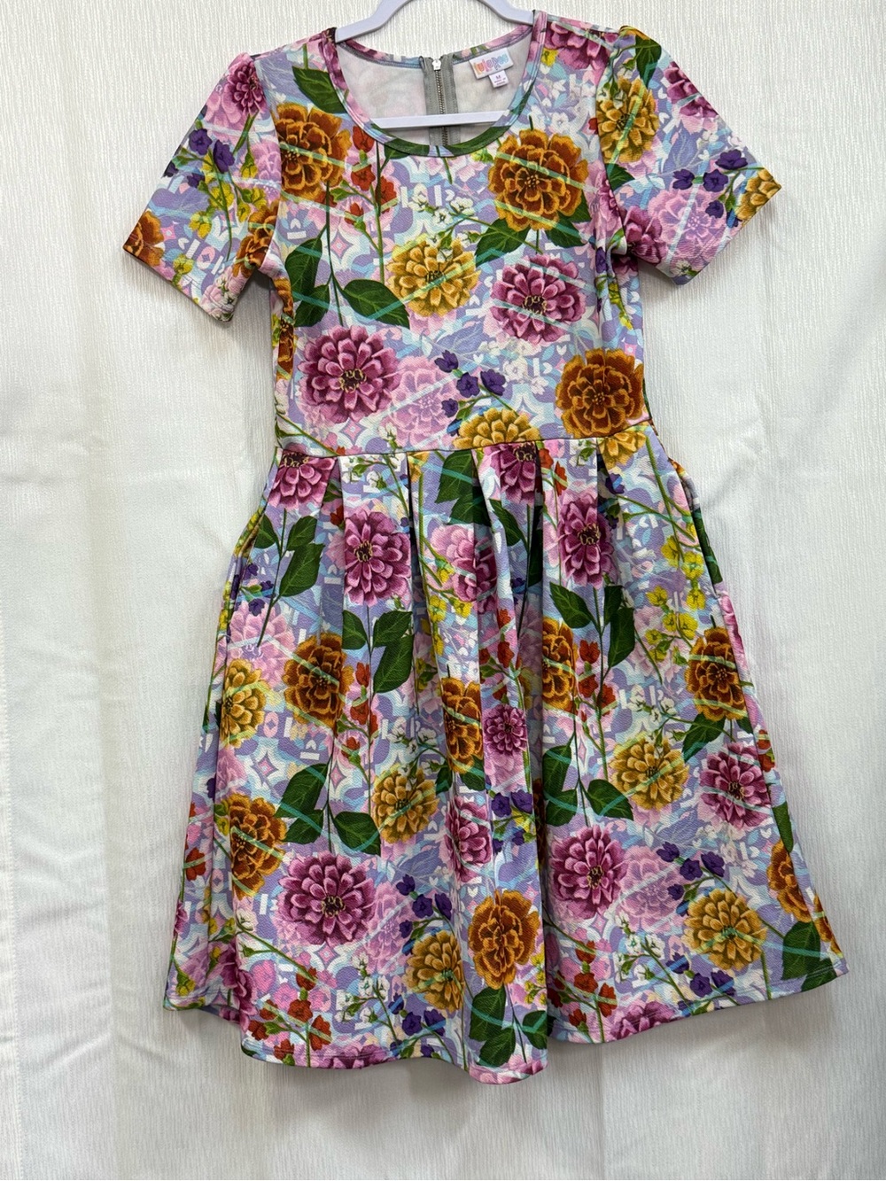 LuLaRoe Lavender Floral Midi Dress with Pink and Mustard Blooms